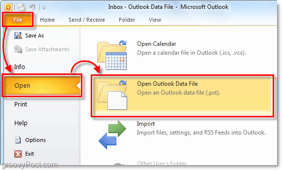 otvorite svoju mapu koja sadrži vašu arhivu pst datoteke iz programa Outlook 2010