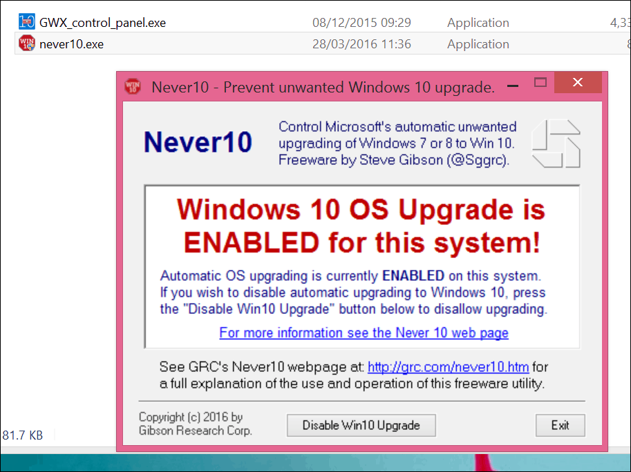 Zaustavite nadogradnju sustava Windows 10 s Never 10 ili GWX App Itself