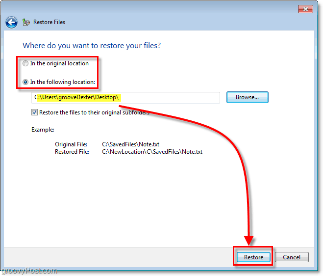 Sigurnosna kopija sustava Windows 7 - odaberite odredište za obnovljene datoteke