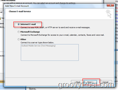 Kreirajte novi račun pošte u programu Outlook 2007:: Internet gumb e-pošte