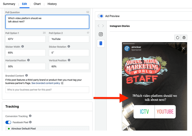 polja za postavljanje ankete oglasa Instagram Stories u programu Ads Manager