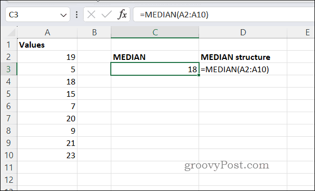 Primjer MEDIAN rezultata u Excelu