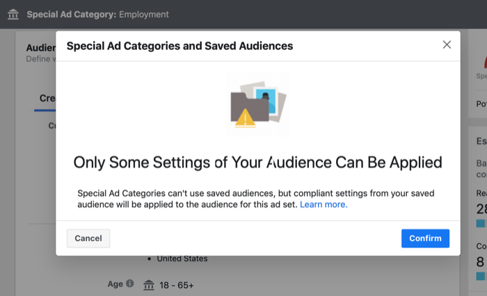 skočna poruka o korištenju spremljene publike u oglasnoj kampanji posebne kategorije oglasa