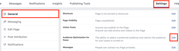 U postavkama svoje Facebook stranice kliknite gumb Uredi s desne strane opcije Optimizacija publike za postove.