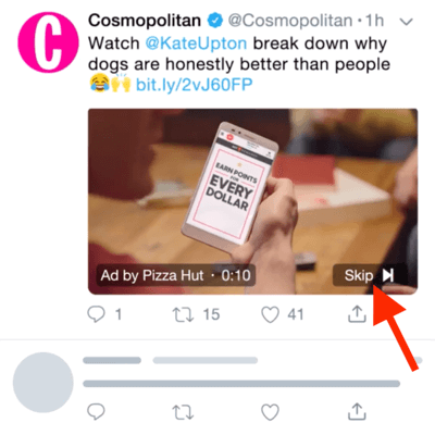 Primjer Twitter video oglasa s opcijom preskakanja oglasa nakon 6 sekundi.