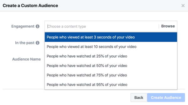 Mogućnost stvaranja prilagođene publike za Facebook oglase ljudi koji su gledali dio vašeg videozapisa.
