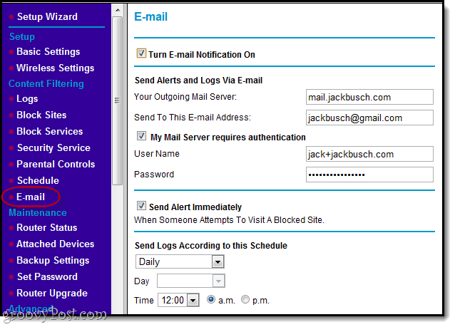 upozorenja e-poštom za blok web mjesta u mrežnoj mreži
