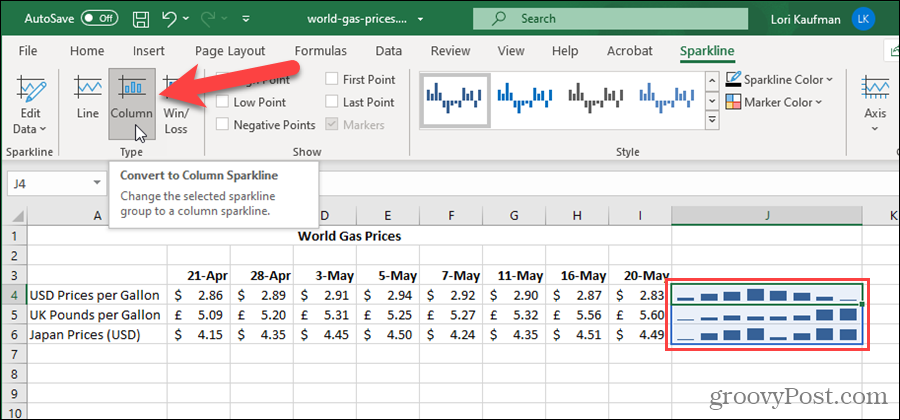 Promijenite vrstu iskre u programu Excel