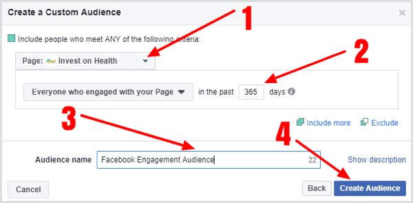 Ispunite detalje da biste stvorili prilagođenu publiku za angažman na svojoj Facebook stranici.