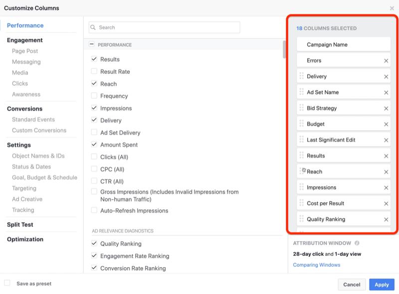 stvorite prilagođeno izvješće o snimci povrata ulaganja u Facebook Ads Manageru, korak 1