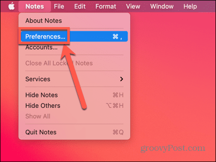odaberite Preferences u Notesu na Macu