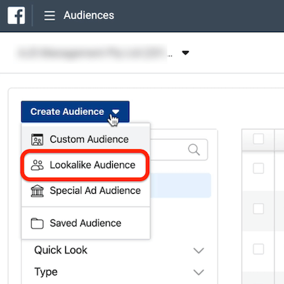 snimka zaslona opcije Lookalike Audience zaokružena na padajućem izborniku Create Audience u programu Ads Manager