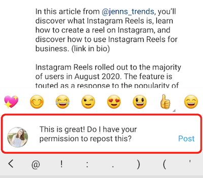 instagram post primjer komentar odgovor kompliment i traženje dozvole za ponovno objavljivanje sadržaja