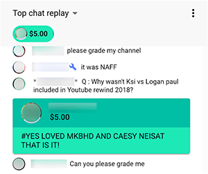 Ovo je snimka zaslona Super Chata iz Nimmin Live, YouTube emisije uživo koju su vodili Nick Nimmin i njegov brat Dee Nimmin. Gledatelj je dao 5,00 dolara i komentirao "#Yes Loved MKBHD i Caesy Neisat to je to!"