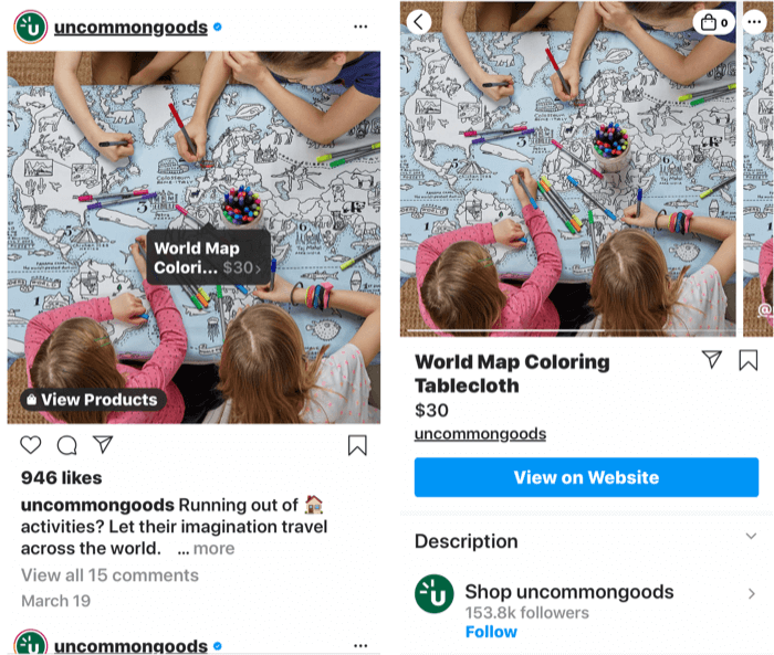 snimke zaslona na kojima se prikazuje instagram oznaka dodana u post proizvoda koji se može kupiti, kao i stranica u trgovini proizvoda nakon odabira oznake posta