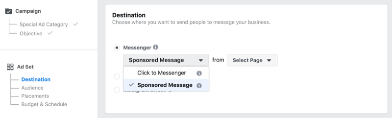 Opcija sponzorirane poruke putem Facebooka u Facebook Ads Manageru