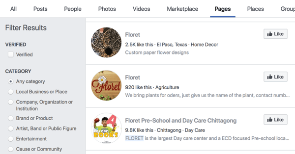 Rezultati pretraživanja Facebook stranica za Floret.