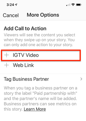 Mogućnost odabira IGTV video veze koju želite dodati u svoju Instagram priču.
