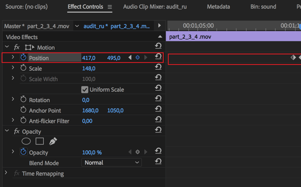Postavka za podešavanje središnjeg položaja za svaki kadar u vašem nizu u programu Adobe Premier Pro.