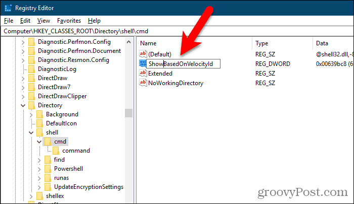 Preimenujte vrijednost HideBasedOnVelocityId u ShowBasedOnVelocityId u uređivaču registra sustava Windows