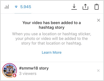Instagram vam šalje obavijest ako je vaš sadržaj dodan u priču s hashtagom.