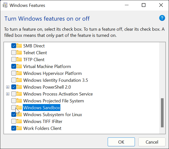 Poništite odabir Windows Sandbox