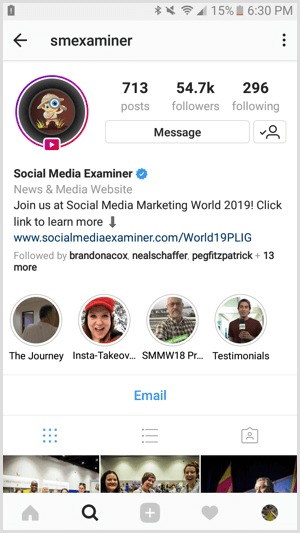 Primjer poslovnog profila na Instagramu
