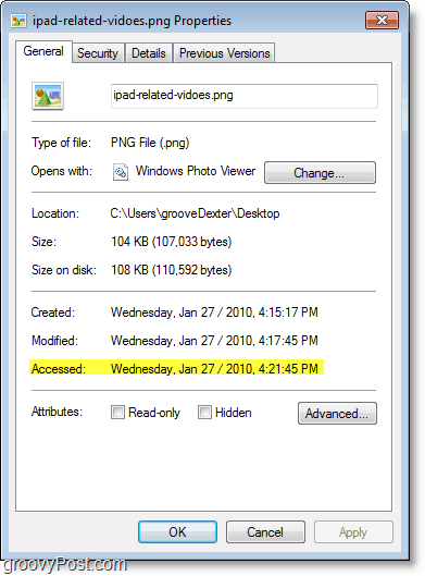 Snimak zaslona sustava Windows 7 - datum pristupanja se ne ažurira baš najbolje