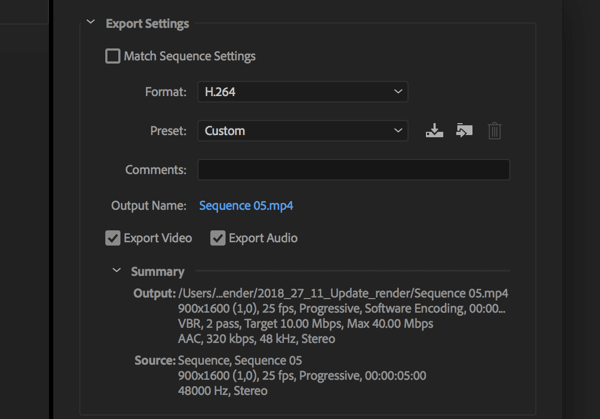 Postavka za izvoz vašeg Adobe Premier Pro video zapisa s formatom postavljenim na H.264.