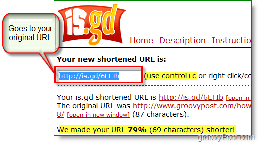is.gd screenshot skraćivača URL-a - kopirajte novi kratki URL