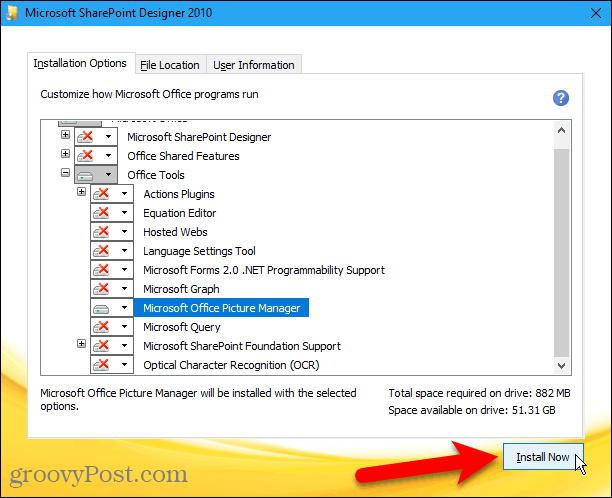 Kliknite Instaliraj sada da biste instalirali program Microsoft Office Picture Manager iz programa Sharepoint Designer 2010