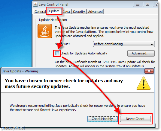 Slika zaslona: Windows 7 Onemogući provjere ažuriranja Java