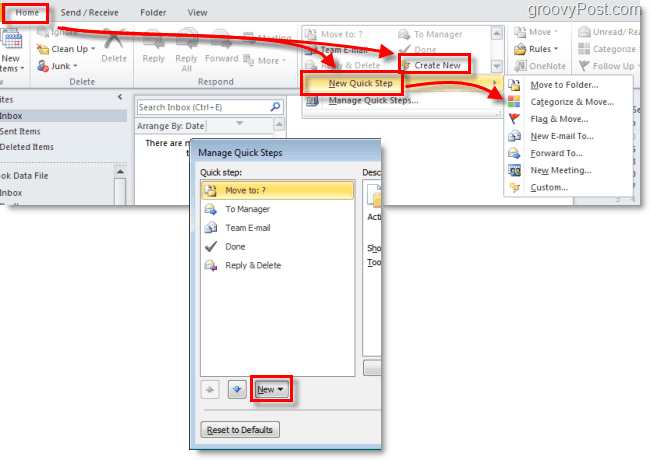 napravite novi brzi korak u programu Outlook 2010