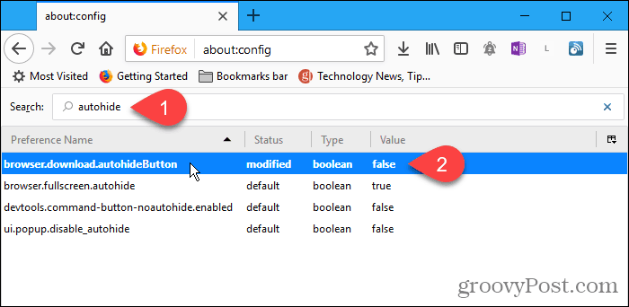 Dvaput kliknite postavku konfiguracije automatskog sakrivanja u Firefoxu