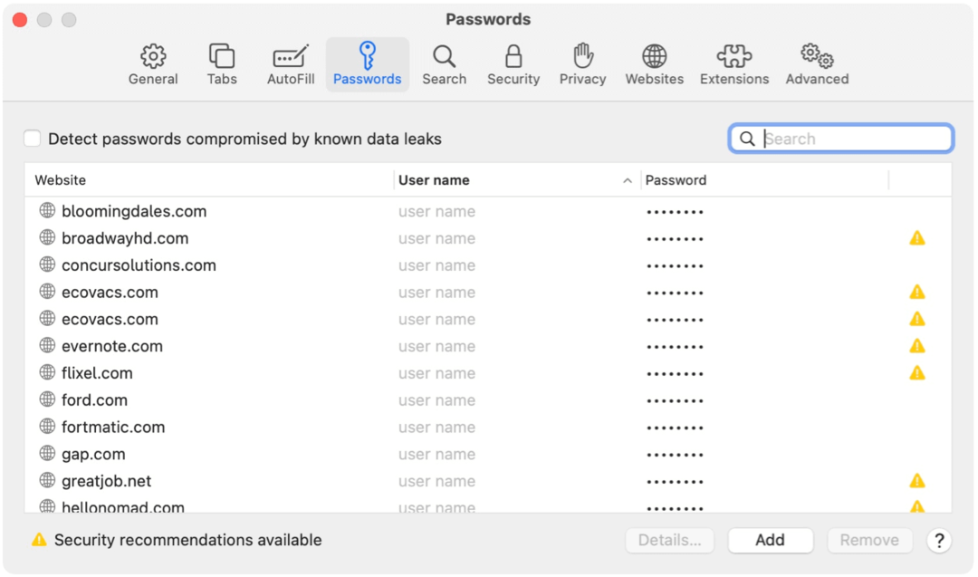 Primjeri Safari za Mac lozinke