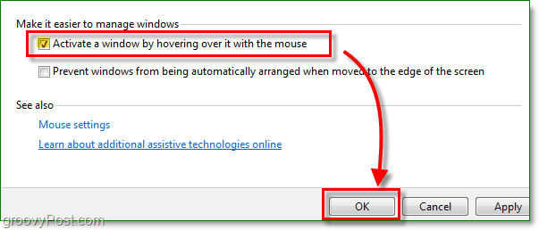 kliknite potvrdni okvir pored kako biste aktivirali prozor tako da pokažite mišem iznad njega, sve novo za Windows 7