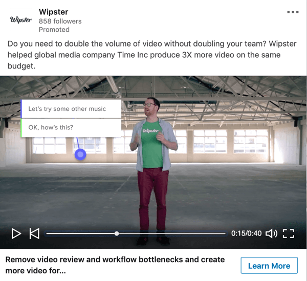 Kako stvoriti LinkedIn oglase temeljene na objektivu, uzorak sponzoriranog video oglasa tvrtke Wipster