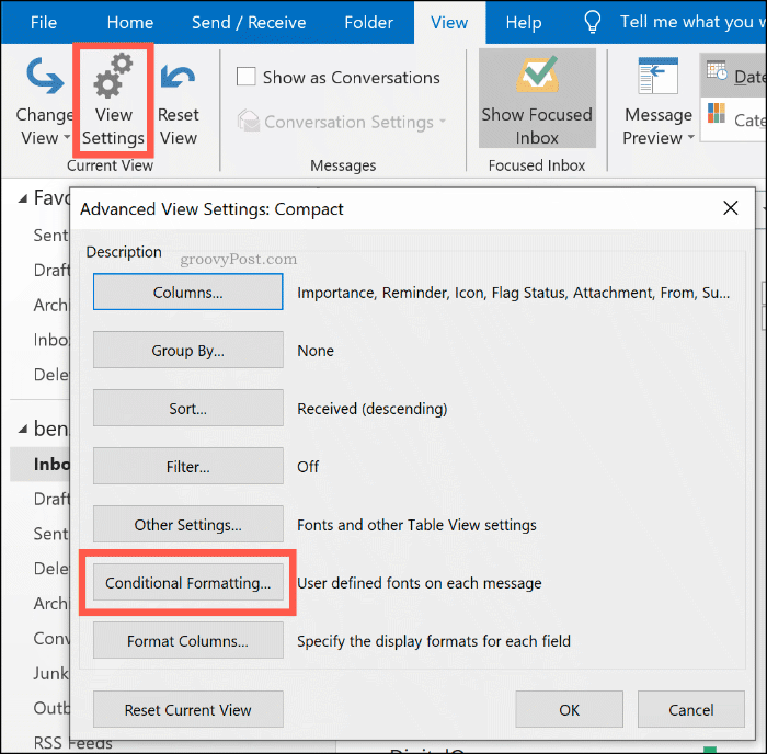 Gumb Opcije uvjetnog oblikovanja u programu Microsoft Outlook