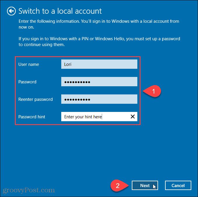 Unesite korisničko ime i lozinku za novi lokalni račun