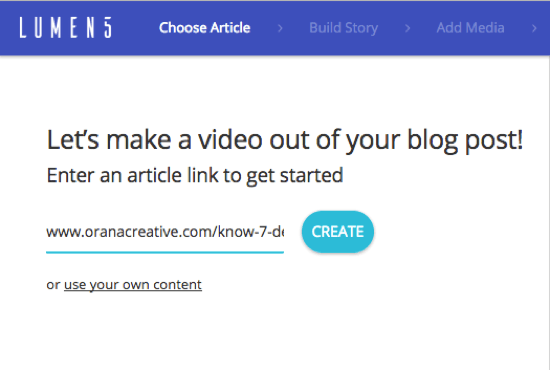 Dodajte URL posta na blogu od kojeg želite stvoriti video zapis Lumen5.