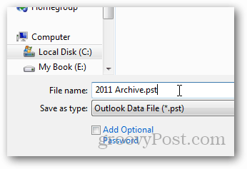 kako stvoriti pst datoteku za Outlook 2013 - naziv pst