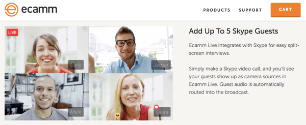 Ecamm Live omogućuje vam da korisnike Skypea uključite u svoj prijenos uživo.