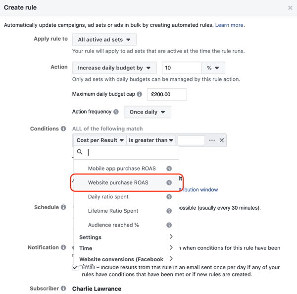 Koristite Facebook automatizirana pravila, povećajte proračun kada je ROAS veći od 2, korak 3, postavite uvjete