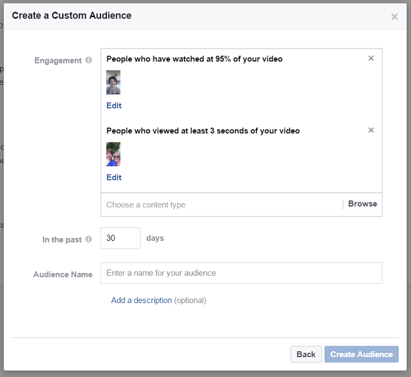 Stvorite prilagođenu publiku ljudi koji su gledali različite video zapise na vašoj Facebook stranici.