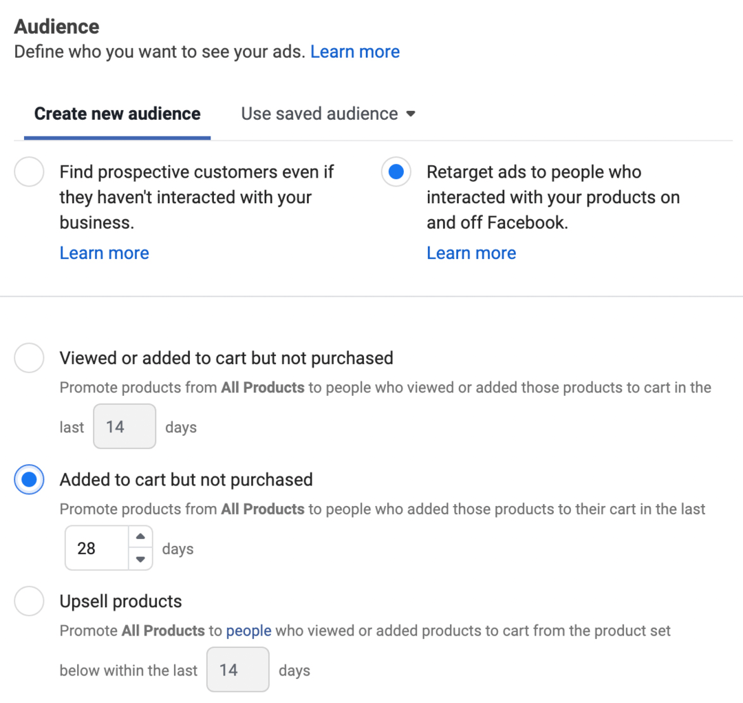 slika ponovnog ciljanja oglasa na ljude koji su stupili u interakciju s vašim proizvodima na i izvan Facebook opcije odabrane u Ads Manageru