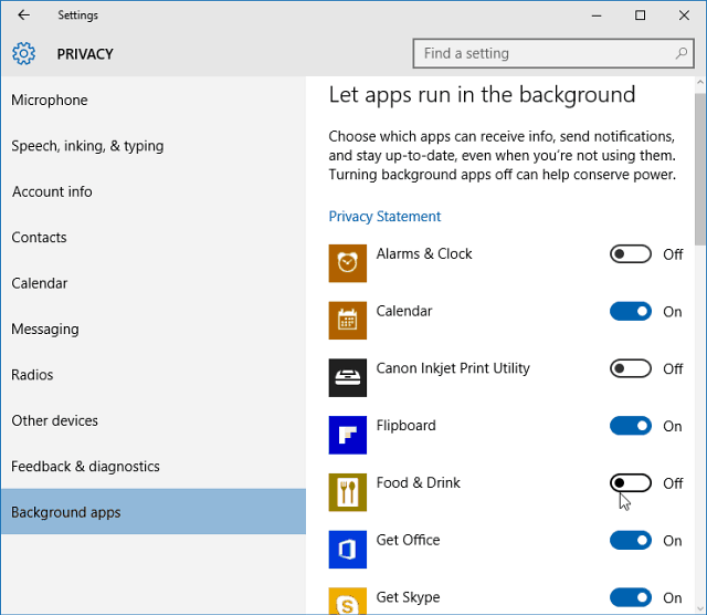 Isključite pozadinske aplikacije Windows 10