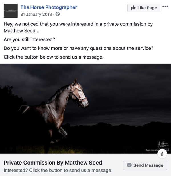 Kako pretvoriti posjetitelje web stranice s Facebook Messenger oglasima, korak 3, primjer posta The Horse Photographer