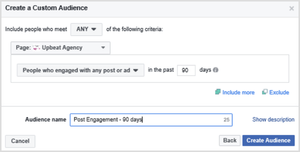 Odaberite opcije za postavljanje prilagođene publike na Facebooku na temelju ljudi koji su sudjelovali u bilo kojem postu ili oglasu u zadnjih 90 dana