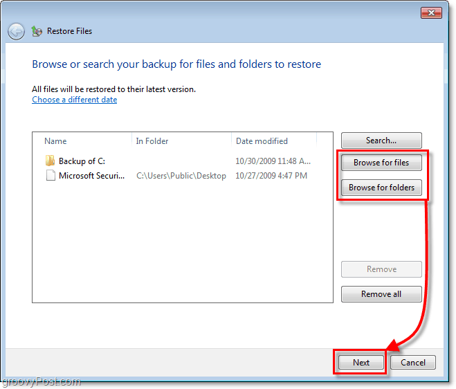 Sigurnosna kopija sustava Windows 7 - odaberite datoteke i mape koje želite vratiti