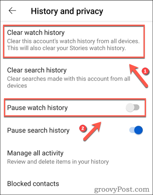 Brisanje povijesti gledanja YouTubea na Androidu.